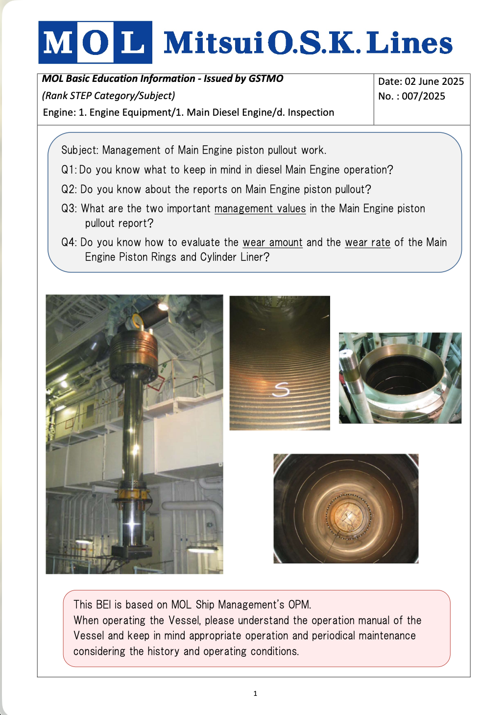 1. BEI-2025-007 Management of Main Engine Piston Pullout Work